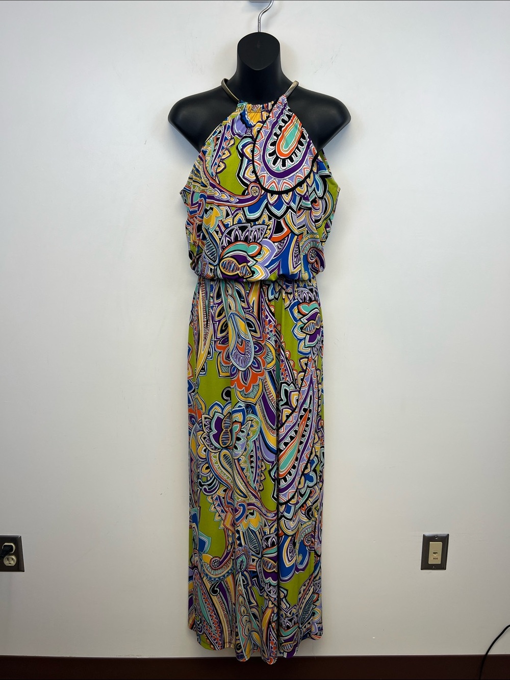 MSK Women's Halter Green Blue Purple Orange Paisley Sleeveless Maxi Dress Size S